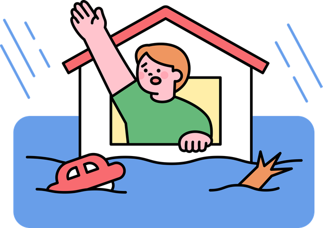 Boy asking for help during extreme floods  Illustration