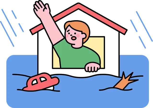 Boy asking for help during extreme floods  Illustration