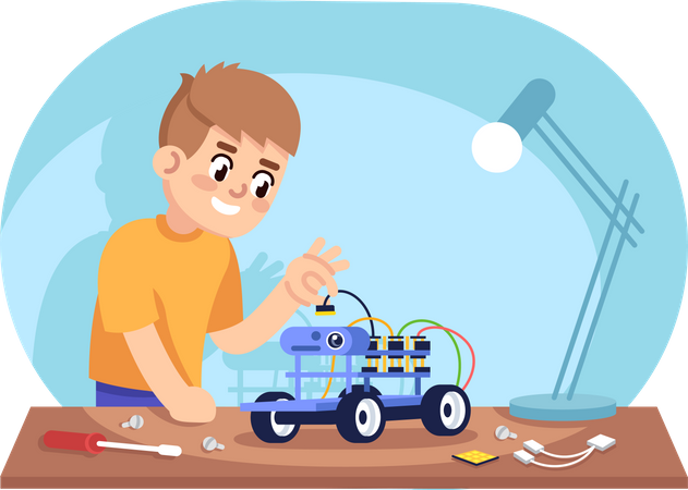 Boy assembling robot car  Illustration