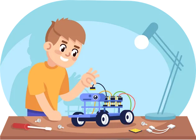 Boy assembling robot car  Illustration