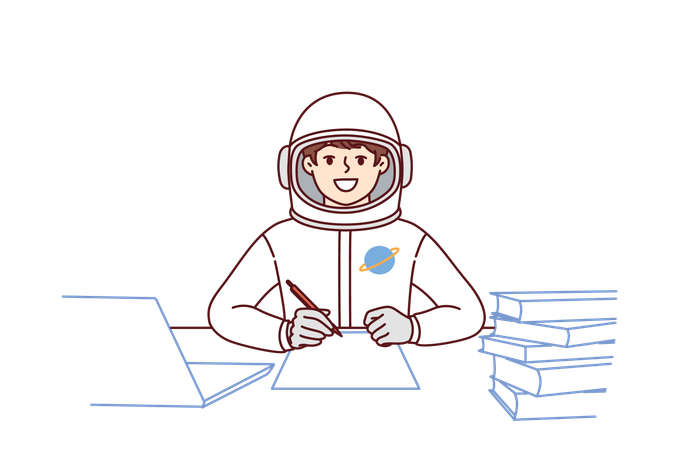 Boy astronaut making note sitting at table with books  Illustration
