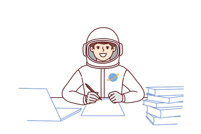 Boy Astronaut Does Homework Sitting At Table With Books Dressed In Spacesuit For Flight Into Space Child Dreams Of Becoming Astronaut And Participating In Shuttle Mission Exploring Universe Illustration