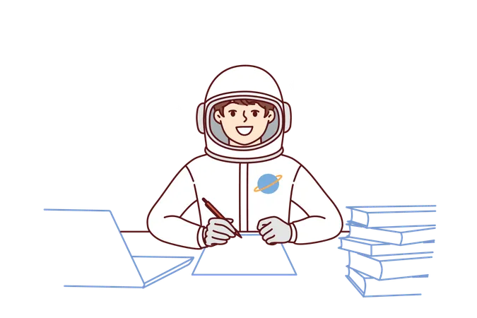 Boy astronaut making note sitting at table with books  Illustration