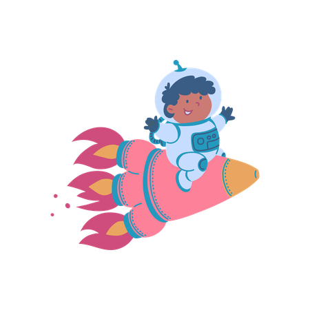 Boy astronaut on pink rocket  Illustration