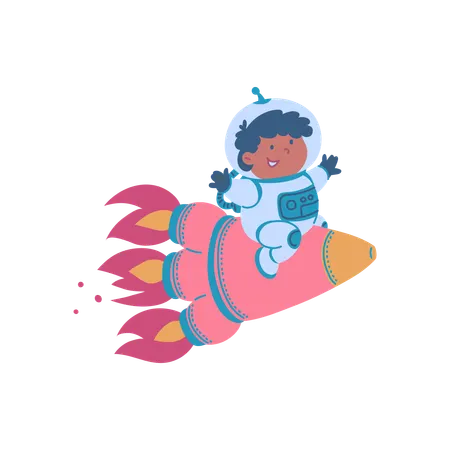 Boy astronaut on pink rocket  Illustration
