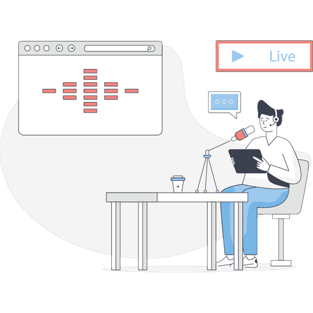 Boy at podcast platform  Illustration