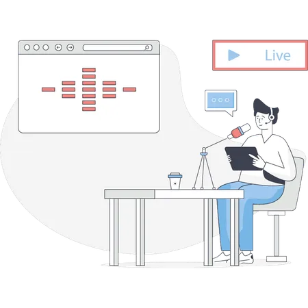 Boy at podcast platform  Illustration