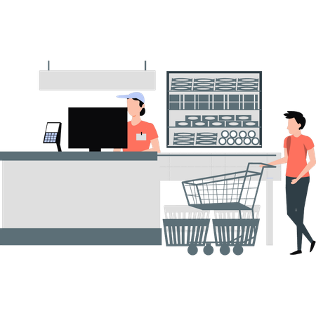 Boy at supermarket paying and purchasing grocery  Illustration