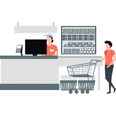 Boy at supermarket paying and purchasing grocery  Illustration