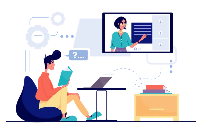 Distance Learning Concept In Flat Cartoon Design Student Reads Textbook Listens To Lecture On Laptop Teacher Explains Lesson To Pupil By Video Call Vector Illustration With People Scene For Web Illustration