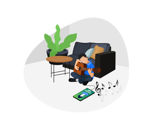 Boy attending online music class  イラスト