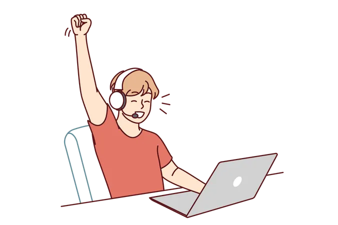 Delighted Teen Boy Sitting At Table With Laptop Playing Video Game And Defeating Virtual Opponents Schoolboy In Headphones Makes Victory Gesture Overjoyed At Broken Record In Internet Game Illustration