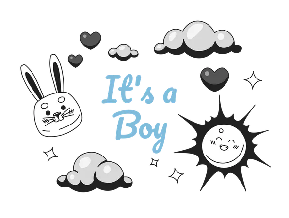 Boy Baby Shower Monochrome Greeting Card Vector Sunny Clouds Black And White Illustration Greetingcard Kid Newborn Cute Rabbit Dreamy Sky 2 D Outline Cartoon Ecard Special Occasion Postcard Image Illustration