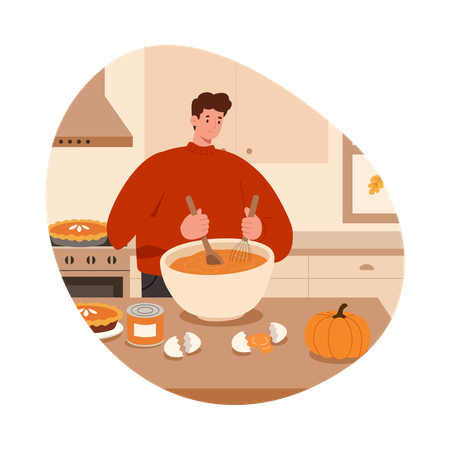 Boy Baking Pumpkin Pie  Illustration