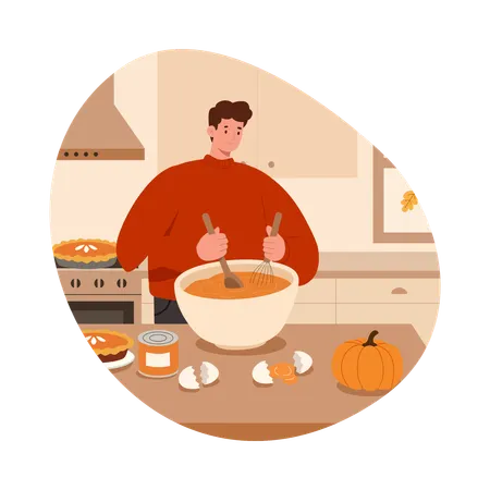 Boy Baking Pumpkin Pie  Illustration