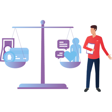 Boy balances scales of health and money life  Illustration