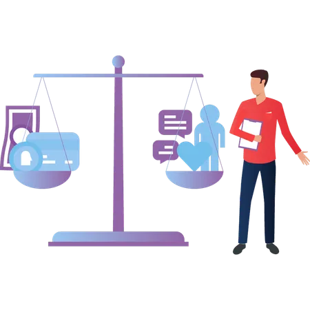 Boy balances scales of health and money life  Illustration