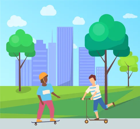 Teenage Kids Having Fun Summer Sport Activities Skateboarding Vector Boy Balancing On Scooter And Skateboarder In Helmet Cartoon Characters In City Park Illustration