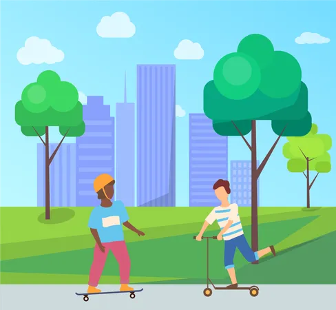 Boy balancing on scooter and skateboarder in helmet  Illustration