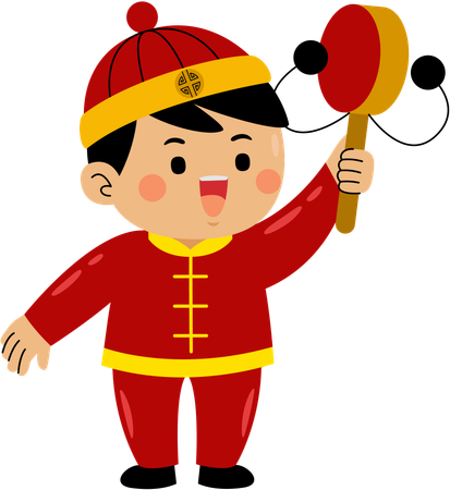 Boy banging chinese drum  Illustration