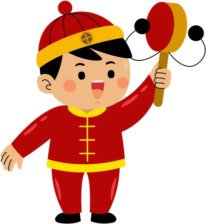 Boy banging chinese drum  Illustration