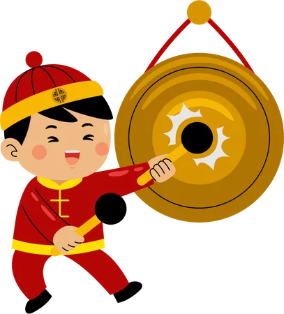 Boy banging chinese gong  Illustration