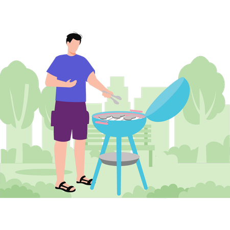 Boy barbecuing in park  Illustration