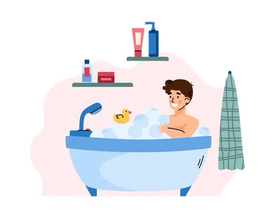 Boy bathing in bathtub  Illustration