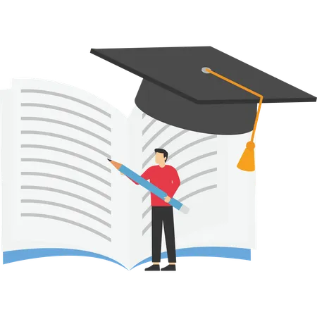 Tiny Male Character Reading And Thinking In Front Of Huge Book Students Spend Time In Library Or Prepare For Test Examination Cartoon People Vector Illustration Illustration