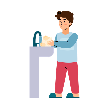 Boy behind sink washing hands with soap  Illustration