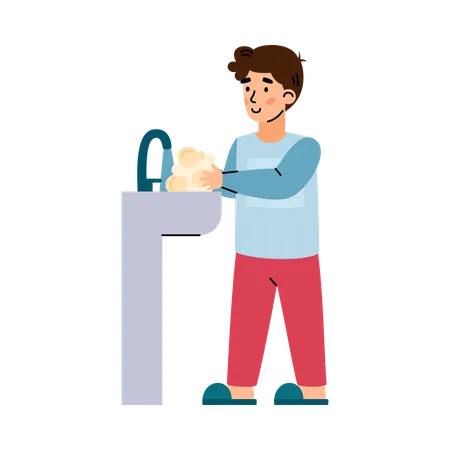 Boy behind sink washing hands with soap  Illustration