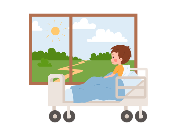 Boy being sick in hospital bed looks out the window at sunny nature  Illustration