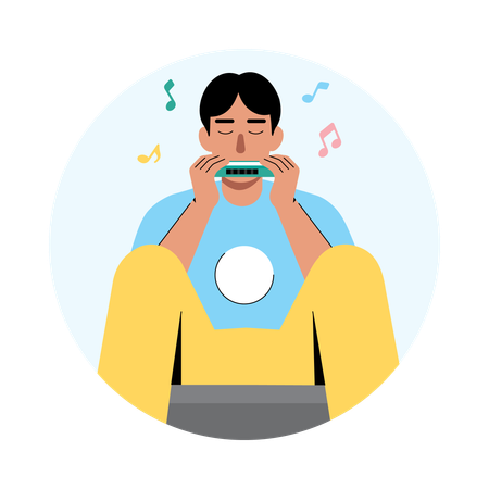 Boy Blowing into a Harmonica  Illustration