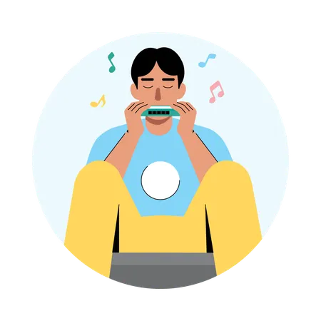 Boy Blowing into a Harmonica  Illustration