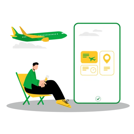 Boy booking flight ticket using mobile app Illustration