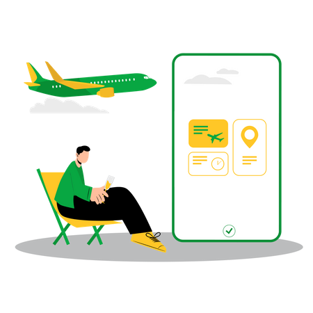 Boy booking flight ticket using mobile app  Illustration