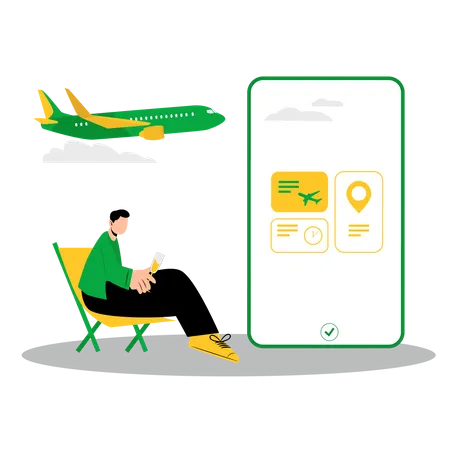 Boy booking flight ticket using mobile app  Illustration