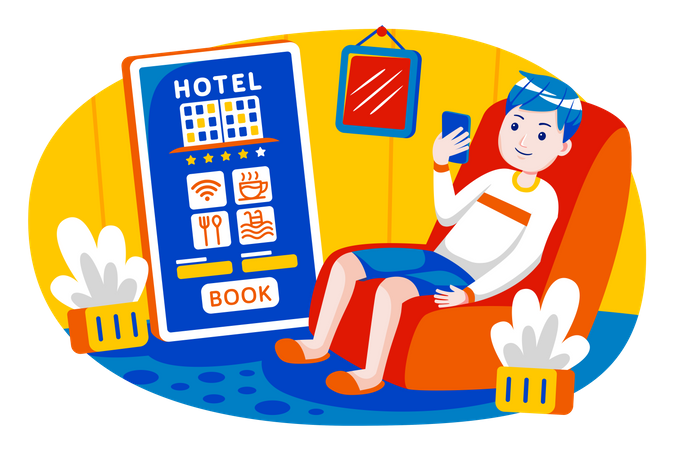 Boy booking hotel  Illustration