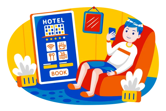 Boy booking hotel  Illustration