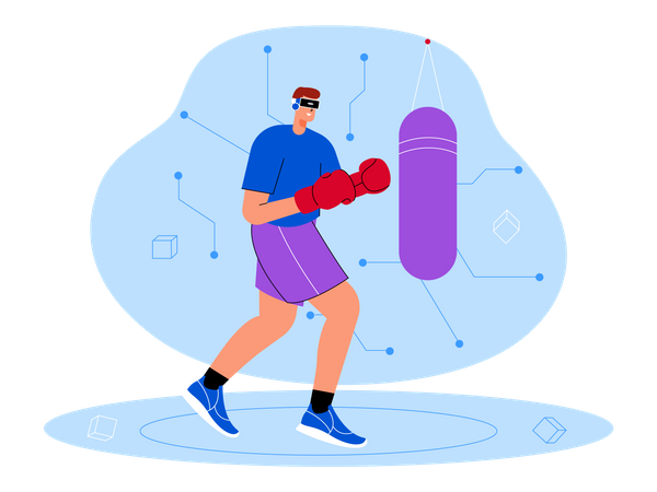 Boy boxing using metaverse tech  Illustration