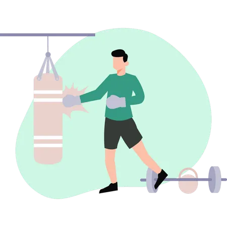 Boy boxing with punching bag  Illustration