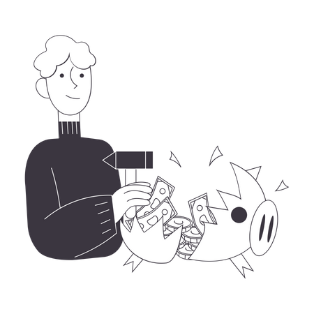 Boy breaking piggy bank  Illustration