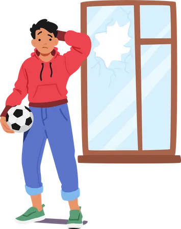 Boy Character Broke Window With Ball Causing Shattered Glass And A Scattered Mess Careless Accident Requiring Immediate Attention And Repair Isolated White Background Cartoon Vector Illustration Illustration