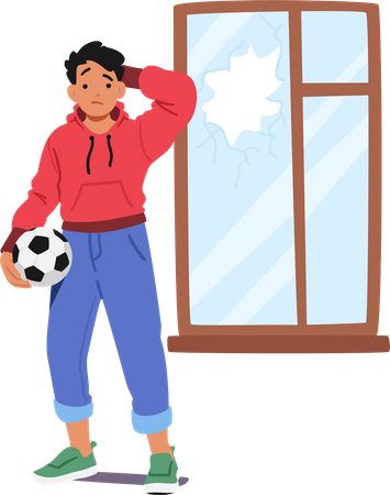 Boy Broke Window With Ball  Illustration