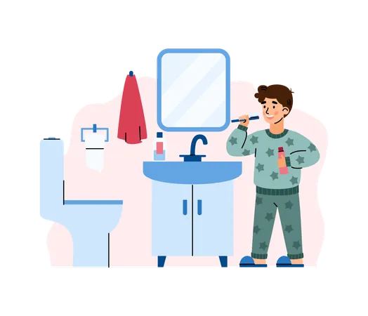 Boy brush teeth with toothbrush and toothpaste at bathroom.  Illustration