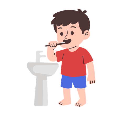 Boy Brushing Teeth at Sink in Bathroom Daily Routine  Illustration