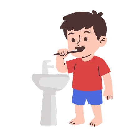 Boy Brushing Teeth at Sink in Bathroom Daily Routine  Illustration