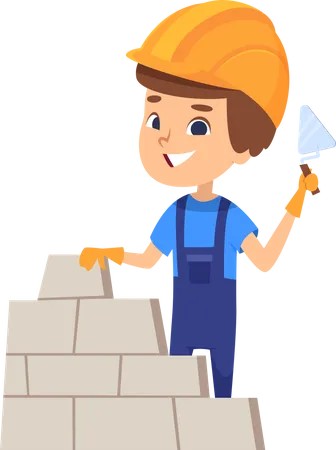 Boy building brick wall  Illustration