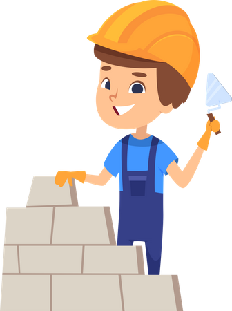 Boy building brick wall  イラスト