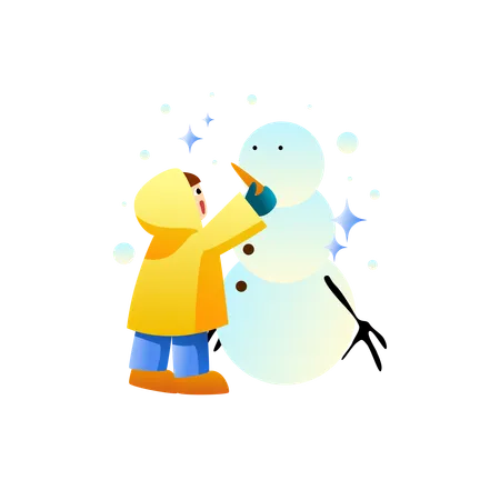 雪だるまを作る少年  イラスト